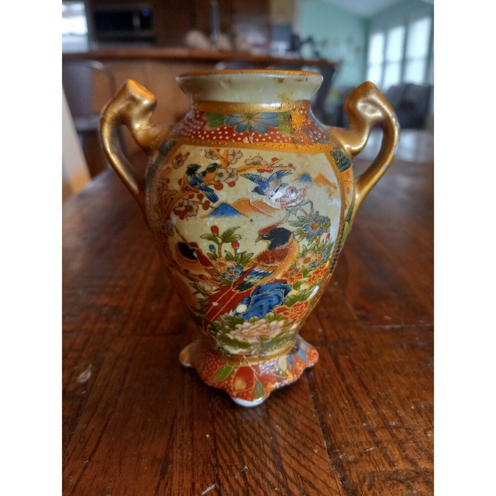Vintage Asian Satsuma-style 6" VASE Peacock in Garden Floral Gold Gilt